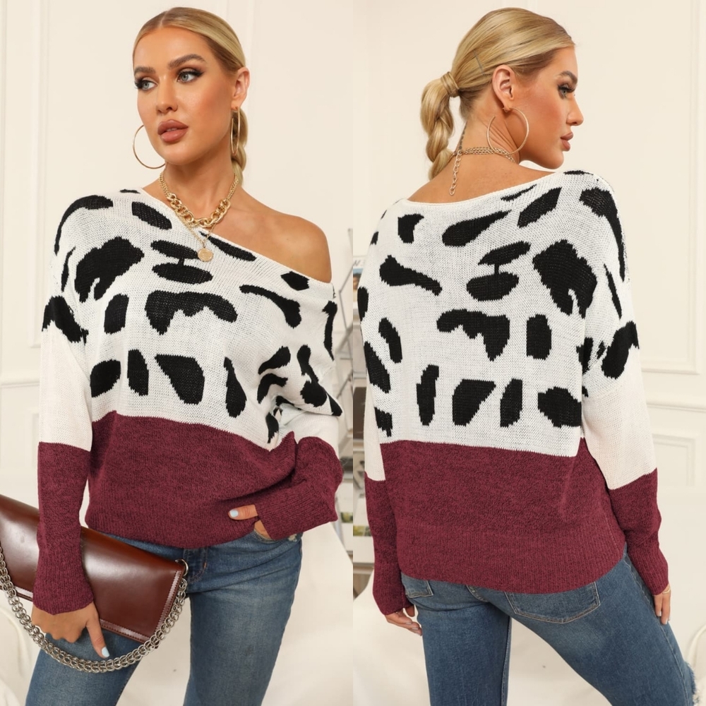 Boat Neck Leopard Patch Sweater - Burgundy